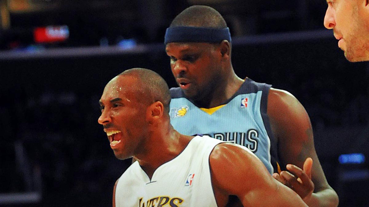 Memphis Grizzlies forward Zach Randolph (50) battles with Los Angeles Lakers guard Kobe Bryant (24) for position on the court during the first half of the game at Staples Center.