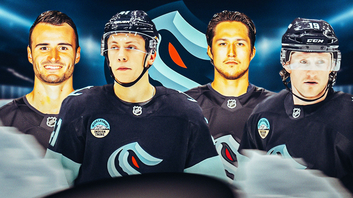 Joey Daccord, Ryker Evans, Brandon Montour and Jared McCann all in action, Seattle kraken logo, hockey rink in background
