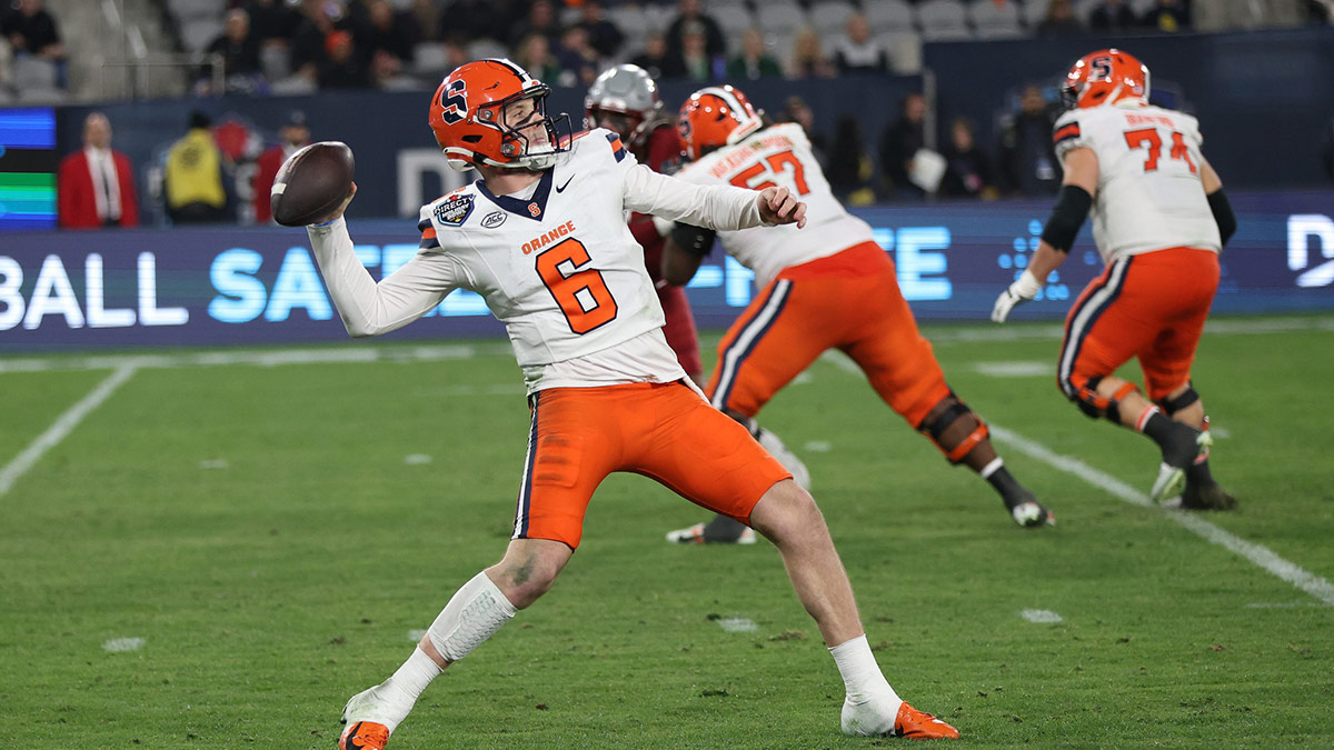 Syracuse Orange quarterback Kyle McCord (6) passes the ball against the Washington State Cougars during the second half at Snapdragon Stadium.
