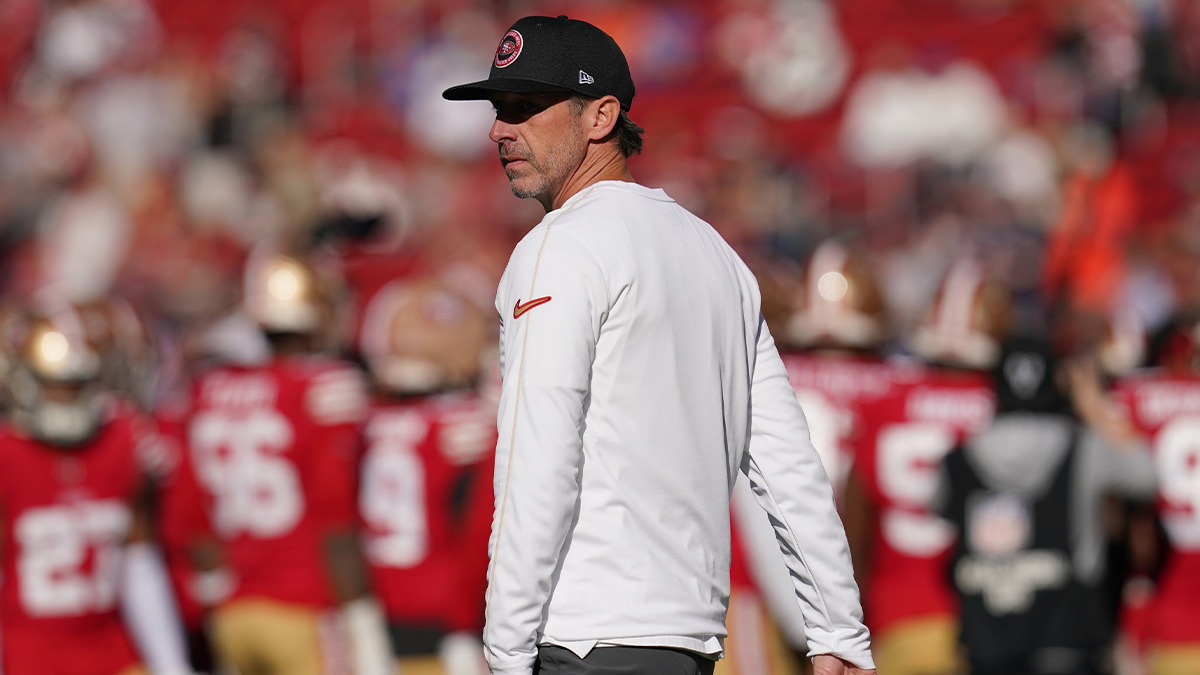 Dec 8, 2024; Santa Clara, California, USA; San Francisco 49ers head coach Kyle Shanahan walks on the field before the start of the game against the Chicago Bears at Levi's Stadium. Mandatory Credit: Cary Edmondson-Imagn Images