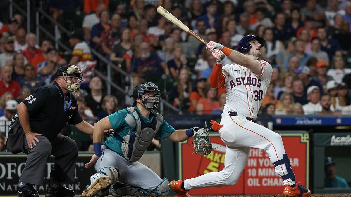 Houston Astros right fielder Kyle Tucker (30) hits a home run against the Seattle Mariners in the fourth inning at Minute Maid Park.