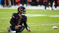 Dec 8, 2024; Glendale, Arizona, USA; Arizona Cardinals quarterback Kyler Murray (1) reacts after being sacked on the final play of the against the Seattle Seahawks at State Farm Stadium.