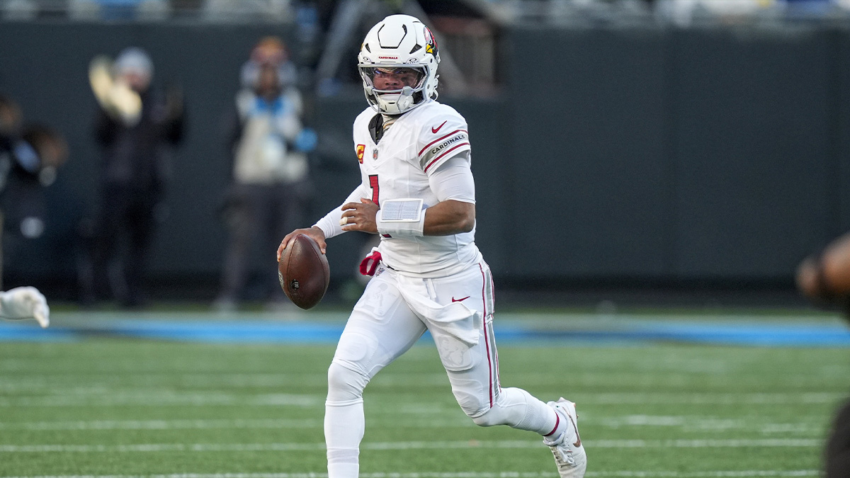 Arizona Cardinals quarterback Kyler Murray (1) runs out of the pocket against the Carolina Panthers during the second half at Bank of America Stadium.