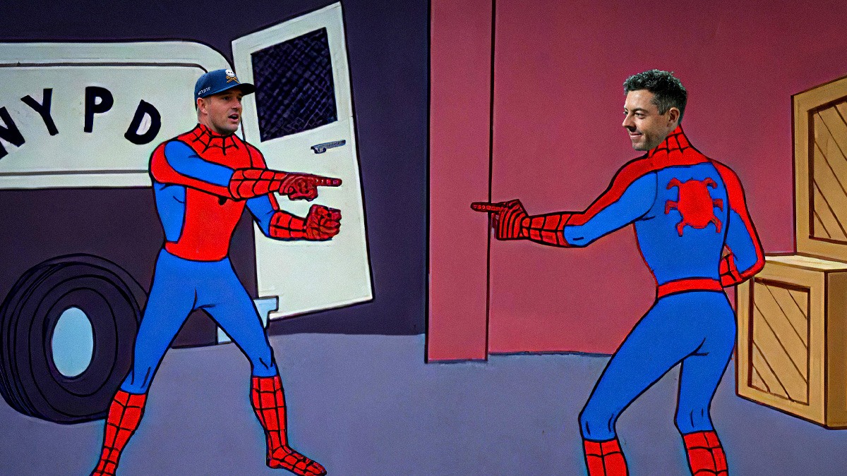 Bryson DeChambeau and Rory McIlroy's faces over the spiderman pointing meme