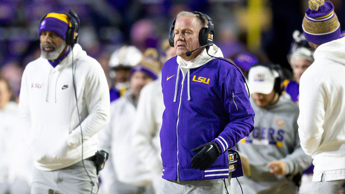 LSU Tigers coach Brian Kelly looks on against the Oklahoma Sooners during the fourth quarter at Tiger Stadium.