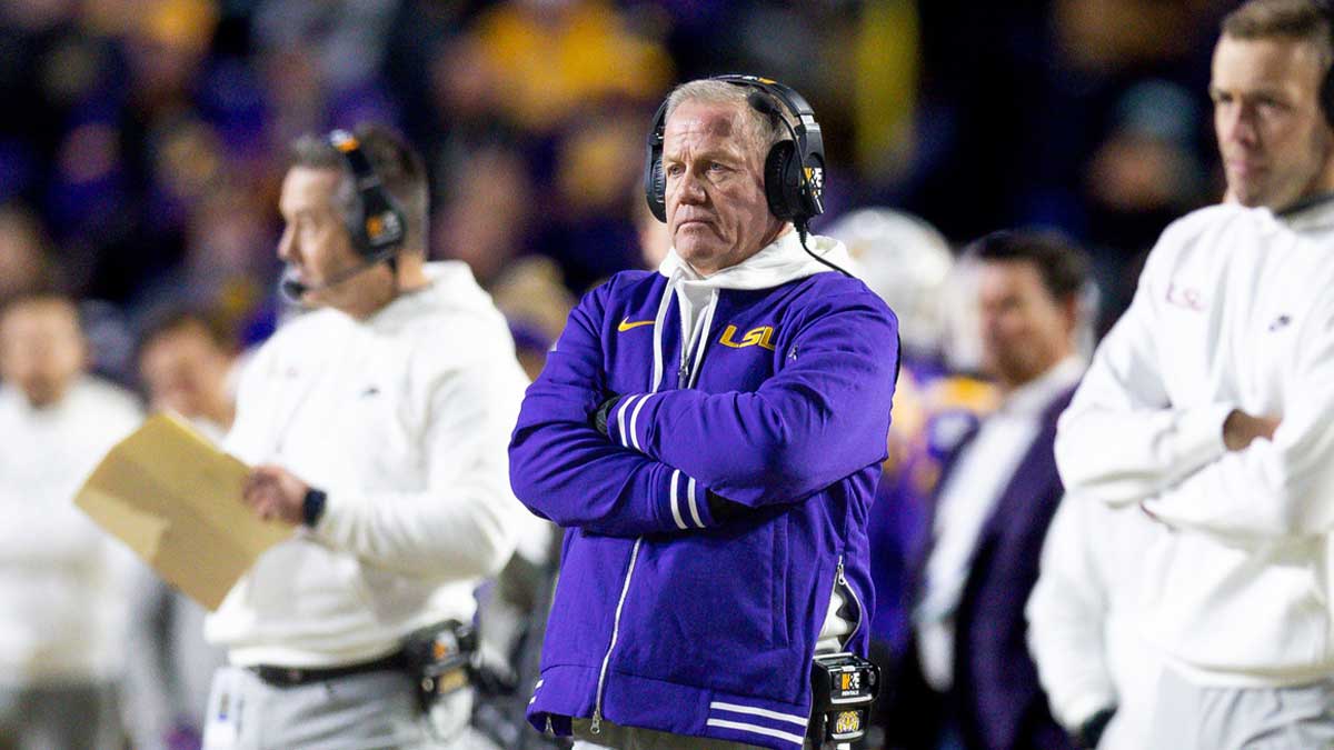 LSU Tigers head coach Brian Kelly looks on against the Oklahoma Sooners during the second quarter at Tiger Stadium.