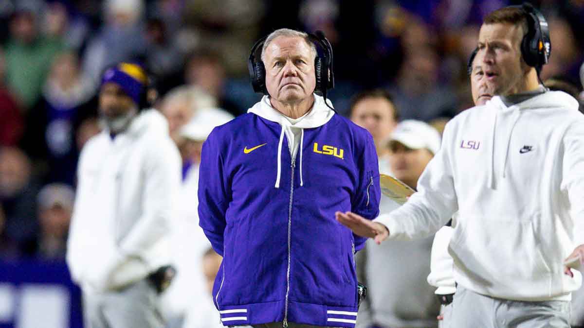 LSU Tigers head coach Brian Kelly looks on against the Oklahoma Sooners during the second quarter at Tiger Stadium.
