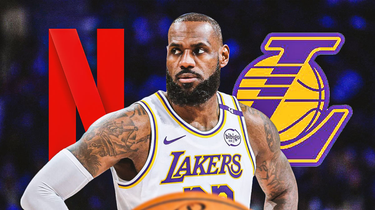 LeBron James looking stern, Netflix logo, Los Angeles Lakers logo in background, basketball court in background