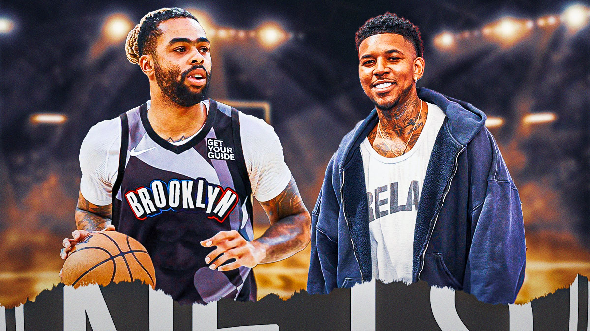 D'Angelo Russell photoshopped in a Nets jersey, and Nick Young in regular clothes.