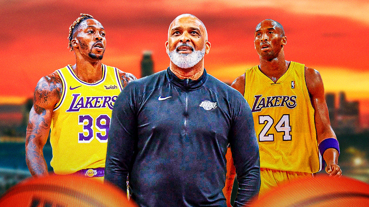 Former Lakers coach Phil Handy in between Lakers legend Kobe Bryant (in a Lakers uniform) and Lakers center Dwight Howard (in a Lakers' uniform) with the Los Angeles skyline in the background