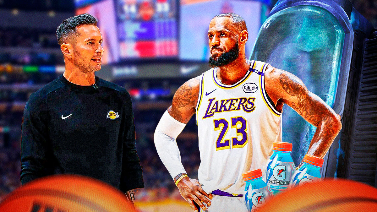 Lakers' JJ Redick smiling at LeBron James, with Gatorade bottles and cryo chamber beside them
