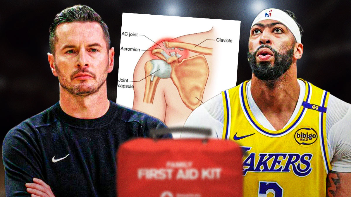 Lakers' JJ Redick and Anthony Davis smiling, with diagram of shoulder injury beside them