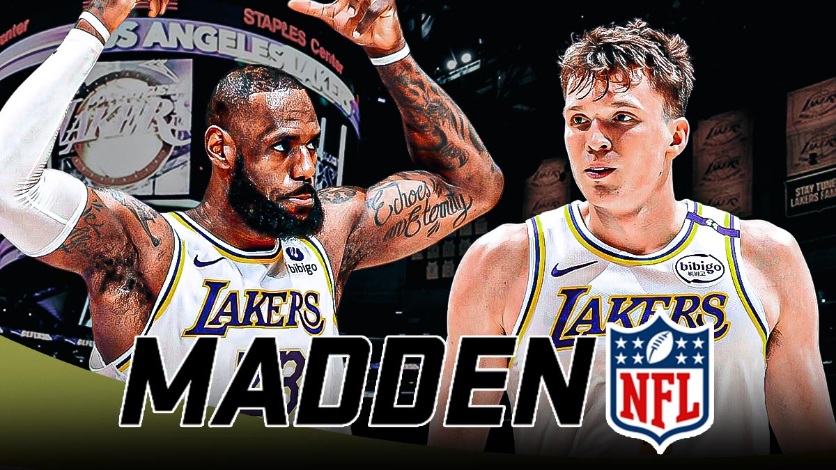 Dalton Knecht looking at LeBron James, Madden logo in the middle.