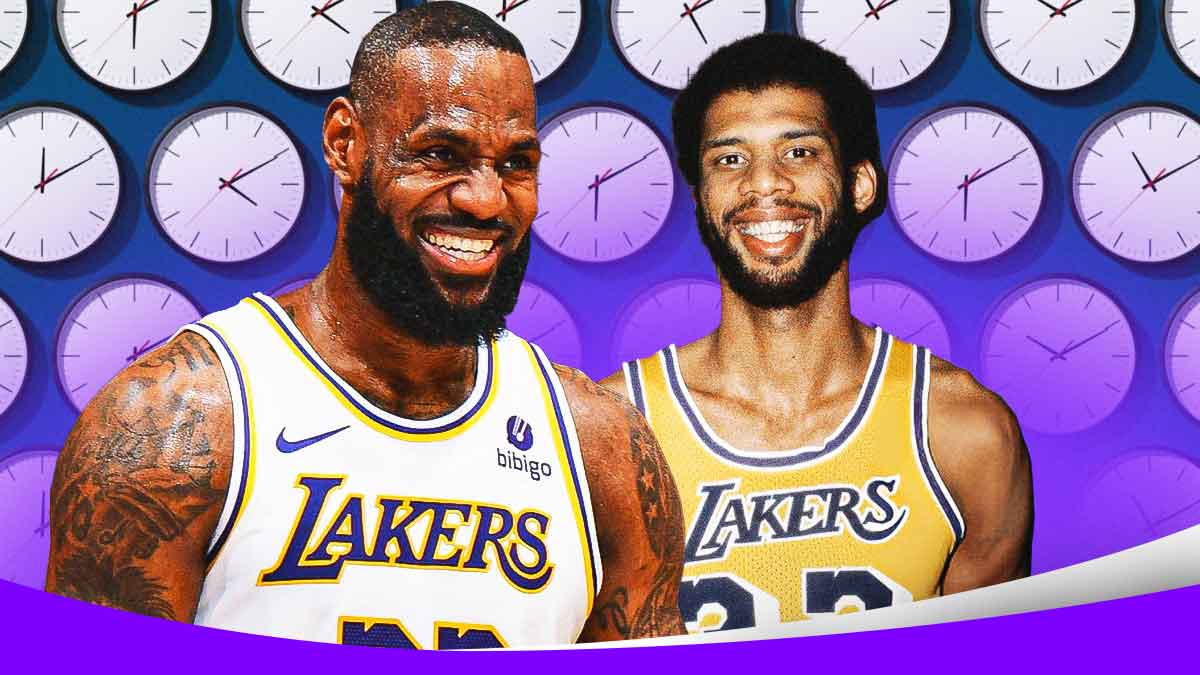 Lakers' LeBron James and Kareem Abdul-Jabbar smiling, with plenty of clocks all over them
