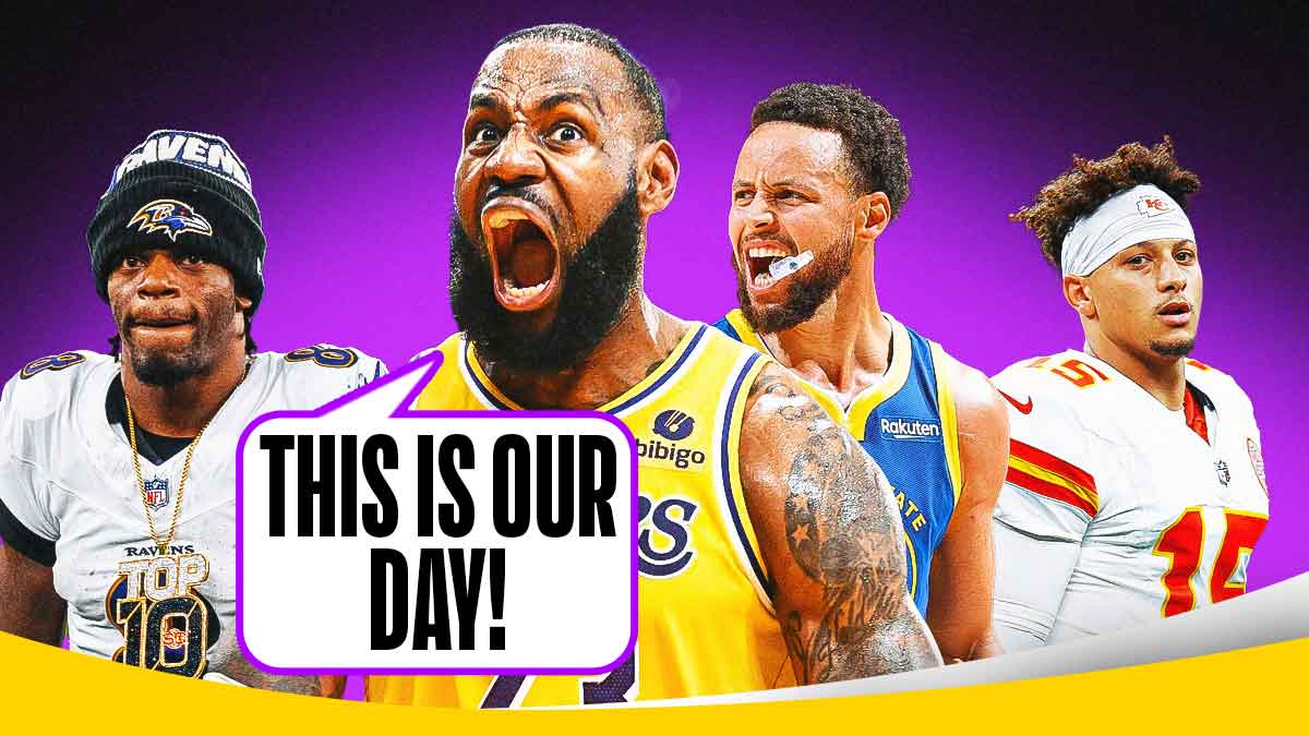 Lakers' LeBron James screaming THIS IS OUR DAY, with Stephen Curry, Lamar Jackson and Patrick Mahomes beside him