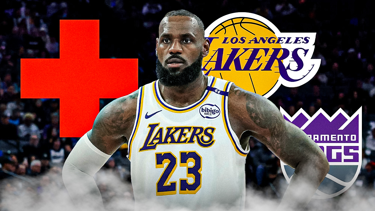 LeBron James (Lakers) with medical cross symbol in the background.