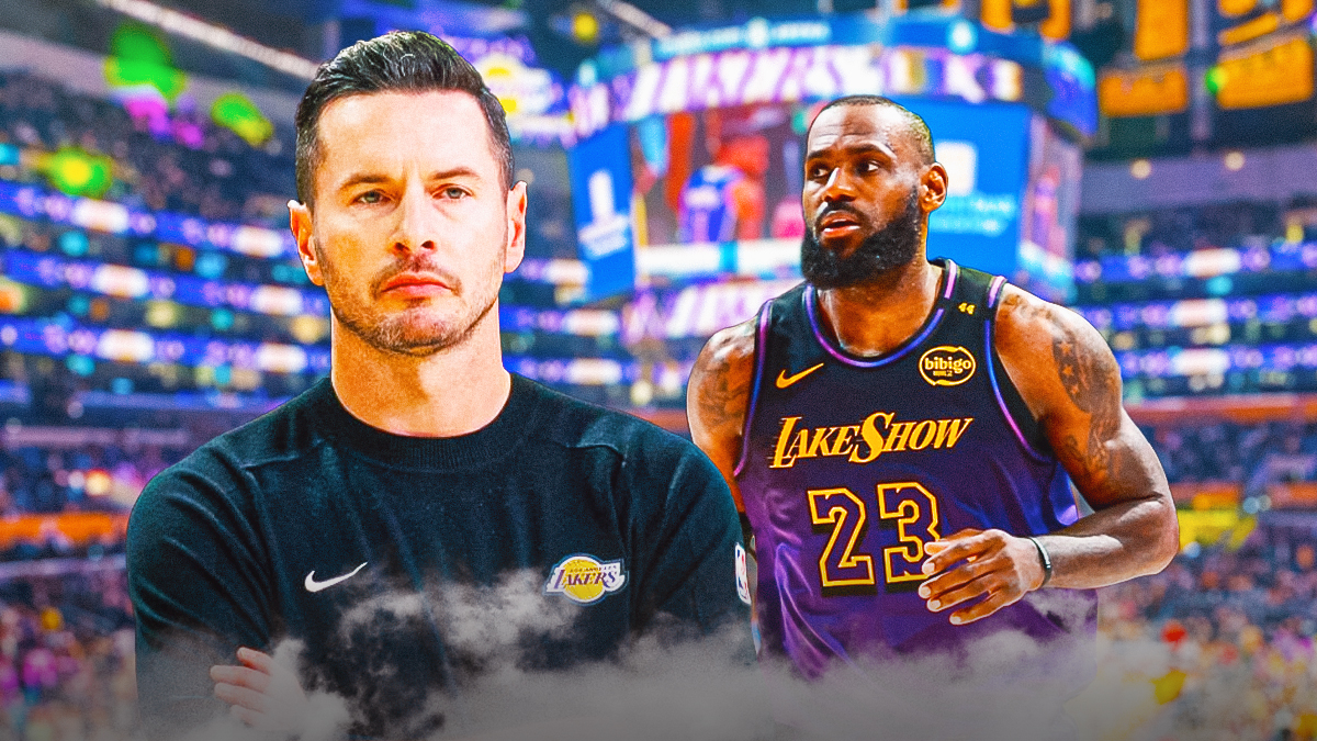 LA Lakers head coach JJ Redick alongside LA Lakers player LeBron James with the Lakers arena in the background, longevity