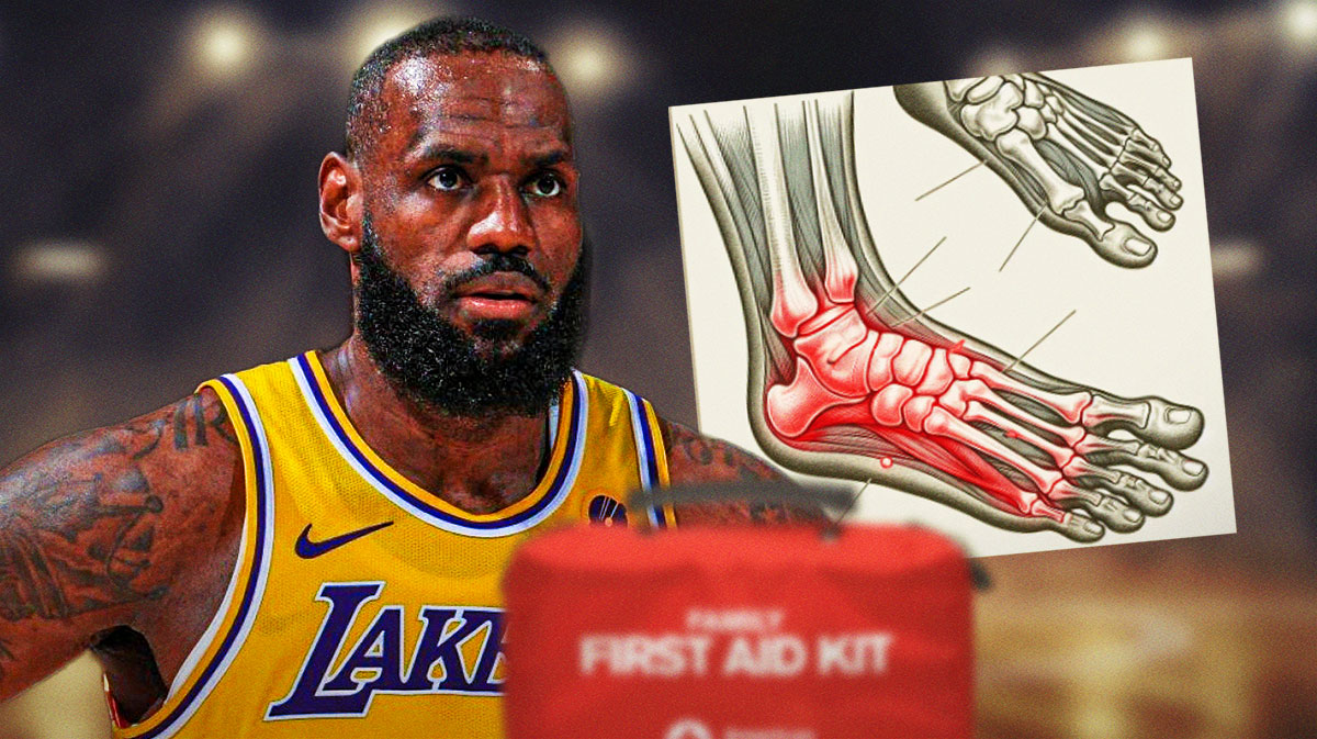 Lakers' LeBron James looking worried, with diagram of foot injury beside him