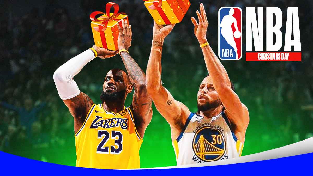 LeBron James and Steph Curry shooting gift boxes instead of basketballs. NBA Christmas logo in the background.