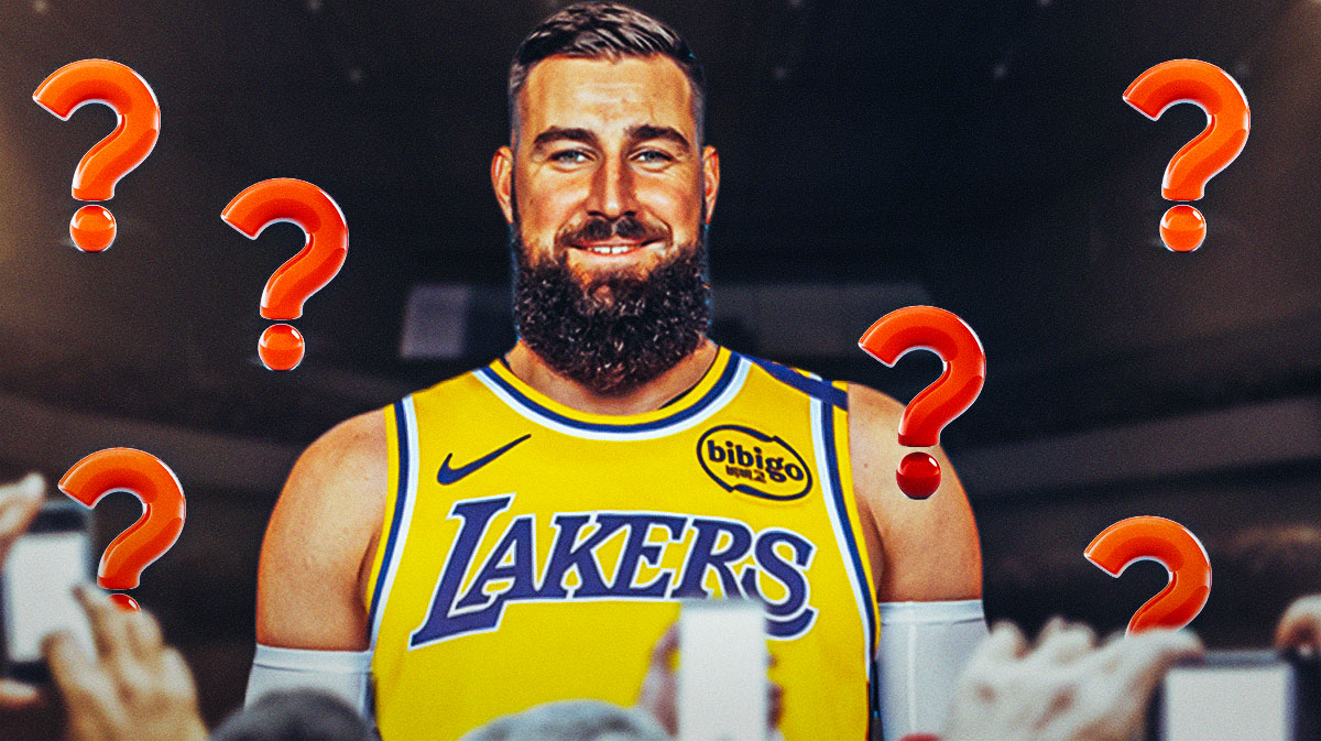 Jonas Valanciunas photoshopped in a Lakers jersey with question marks surrounding the picture.