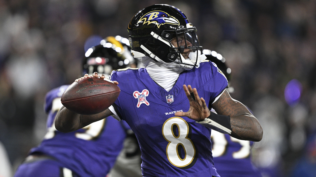 Dec 21, 2024; Baltimore, Maryland, USA; Baltimore Ravens quarterback Lamar Jackson (8) throws from the pocket during the first half against the Pittsburgh Steelers at M&T Bank Stadium.