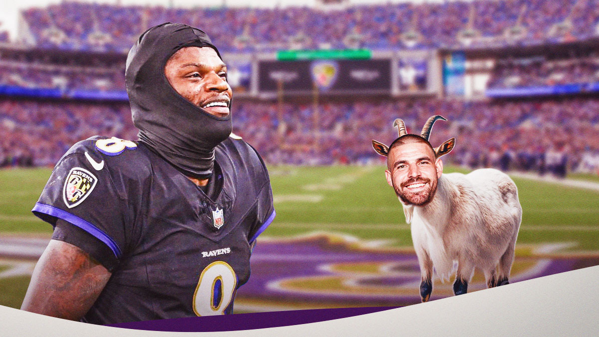 Mark Andrew's head on a goat's body next to Lamar Jackson on the Ravens' field.