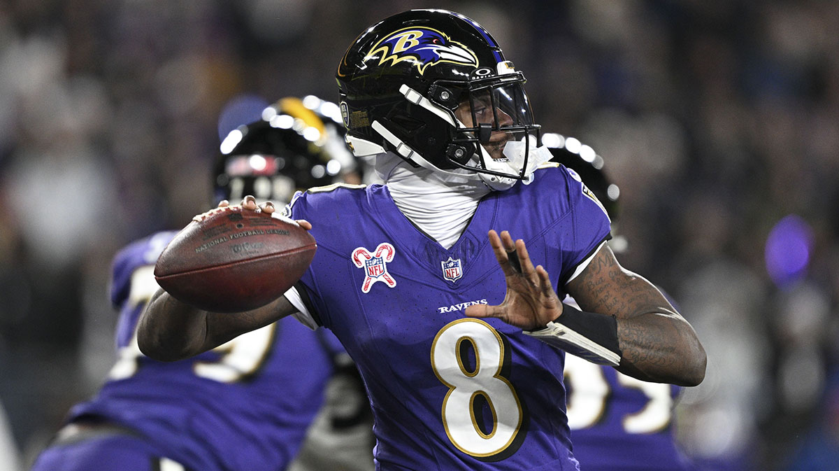 Baltimore Ravens quarterback Lamar Jackson (8) throws from the pocket during the first half against the Pittsburgh Steelers at M&T Bank Stadium.
