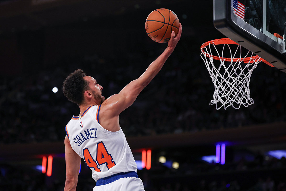 New York Knicks guard Landry Shamet (44) lays the ball up for a basket during the first half against the Minnesota Timberwolves at Madison Square Garden.