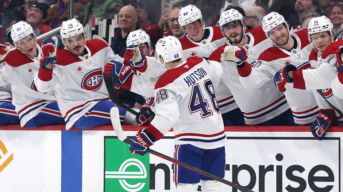 Montreal Canadiens defenseman Lane Hutson (48) celebrates his first period goal against the Winnipeg Jets at Canada Life Centre.
