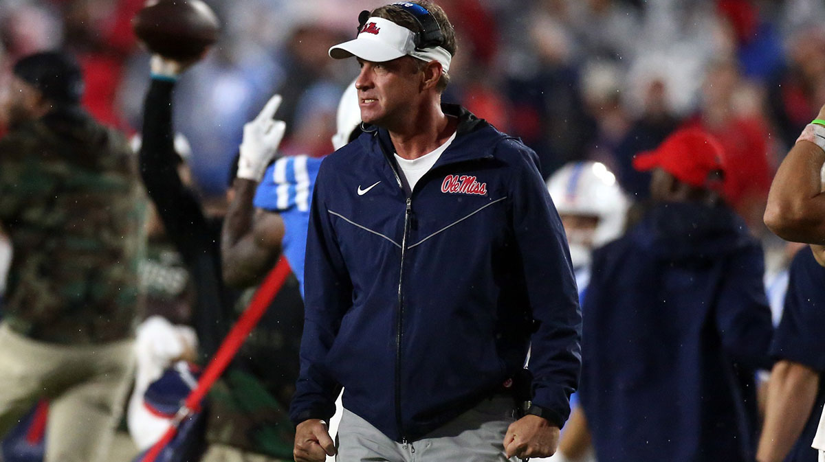 Mississippi Rebels head coach Lane Kiffin reacts during the second half against the Georgia Bulldogs at Vaught-Hemingway Stadium.