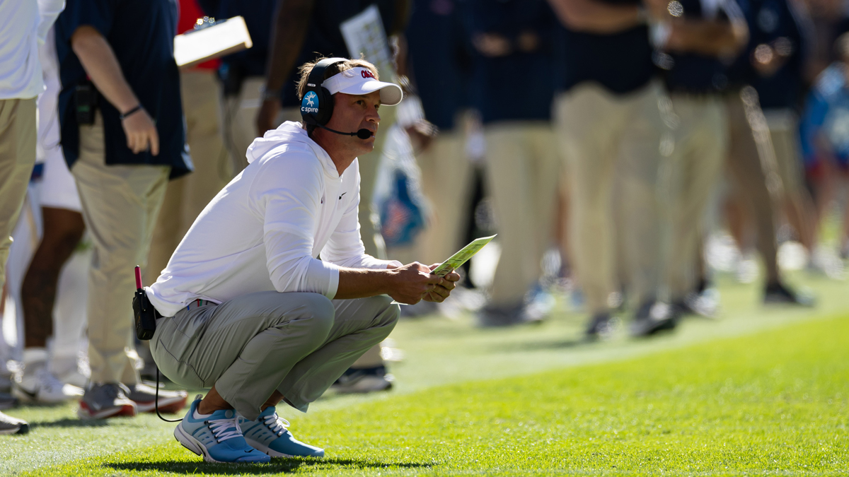 Mississippi Rebels head coach Lane Kiffin looks on against the Florida Gators during the first half at Ben Hill Griffin Stadium.
