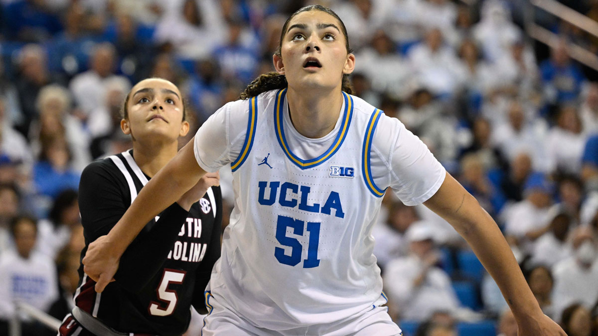 UCLA Bruins center Lauren Betts (51) and South Carolina Gamecocks guard Tessa Johnson (5) during the third quarter at Pauley Pavilion presented by Wescom.