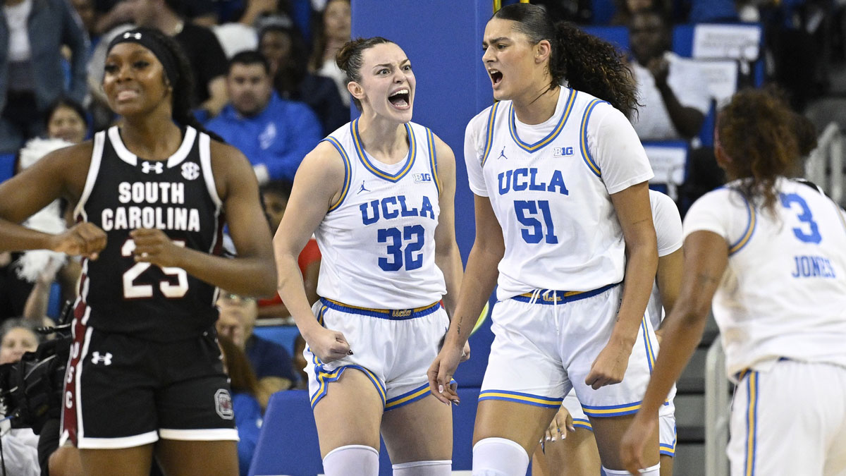 UCLA Bruins center Lauren Betts (51) celebrates blocking a shot with UCLA Bruins forward Angela Dugalic (32) during the first quarter against the South Carolina Gamecocks at Pauley Pavilion presented by Wescom.