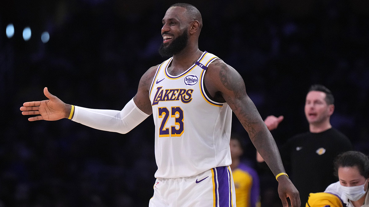 Los Angeles Lakers forward LeBron James (23) reacts in the first half against the Memphis Grizzlies at Crypto.com Arena.