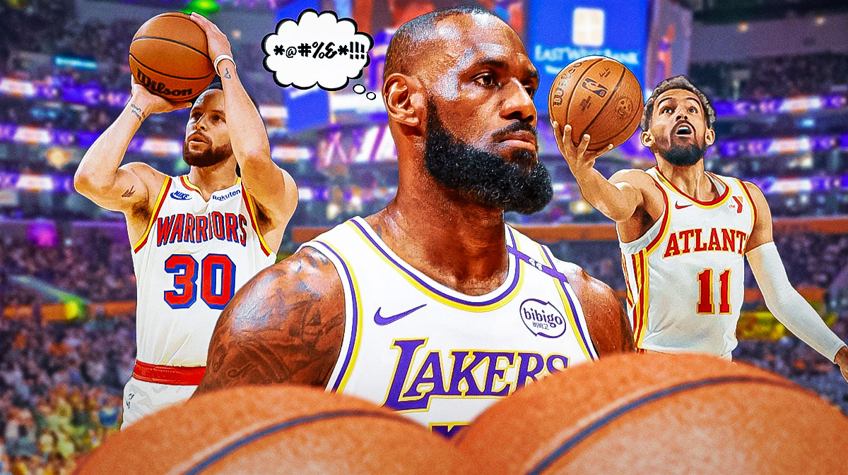 LeBron James in a Lakers jersey with a thought bubble that has expletive symbols in it, and Stephen Curry and Trae Young shooting a three-pointer