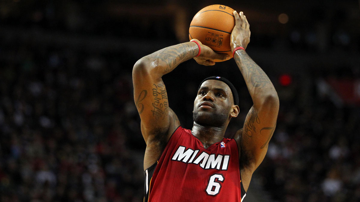 Miami Heat small forward LeBron James (6) at the foul line against the Portland Trail Blazers during the 1st half at the Rose Garden. 