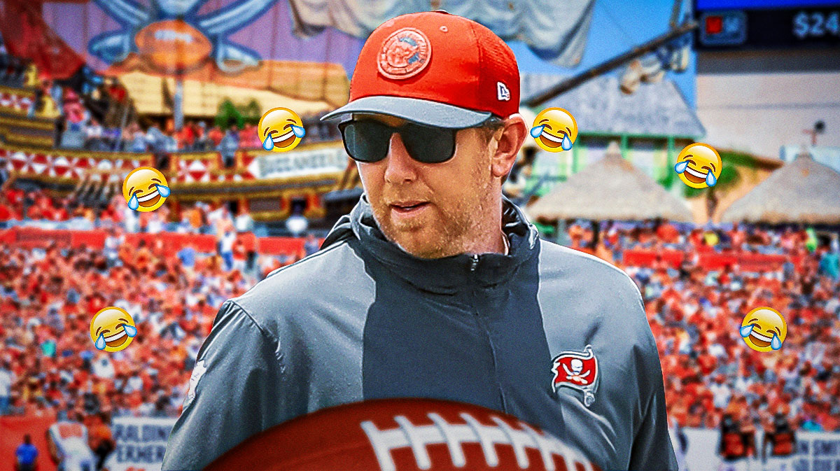 Liam Coen in Buccaneers gear, cry laughing emojis all around him.
