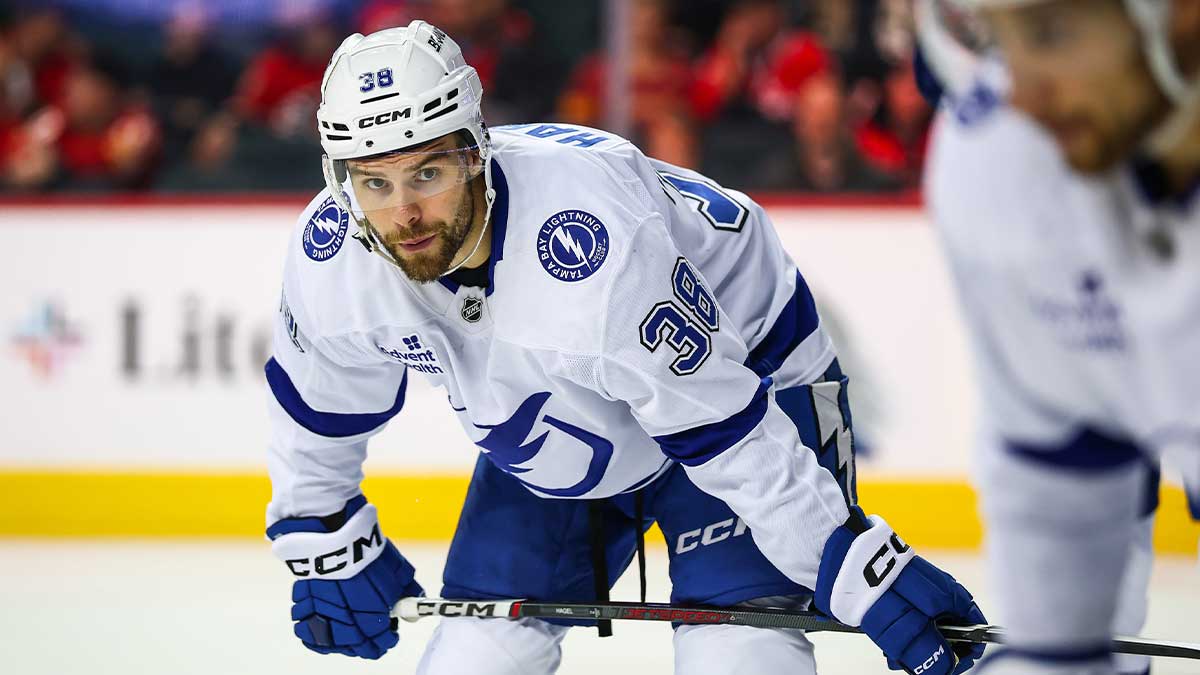 Tampa Bay Lightning left wing Brandon Hagel (38) against the Calgary Flames during the third period at Scotiabank Saddledome.