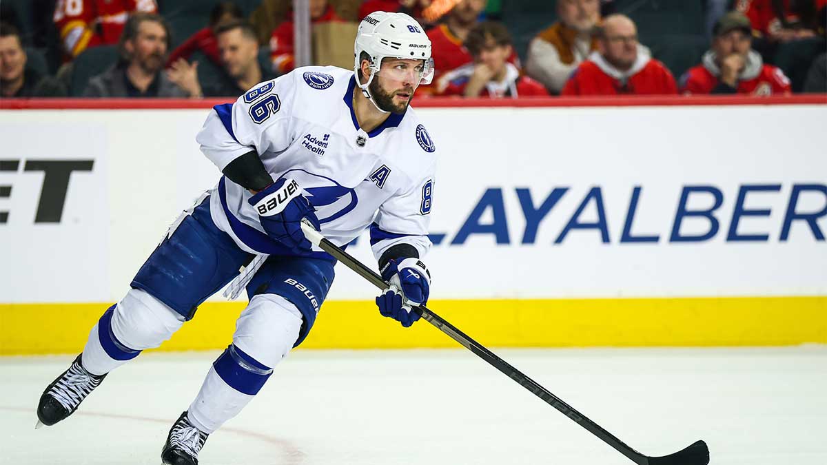 Tampa Bay Lightning right wing Nikita Kucherov (86) skates with the puck against the Calgary Flames during the second period at Scotiabank Saddledome.