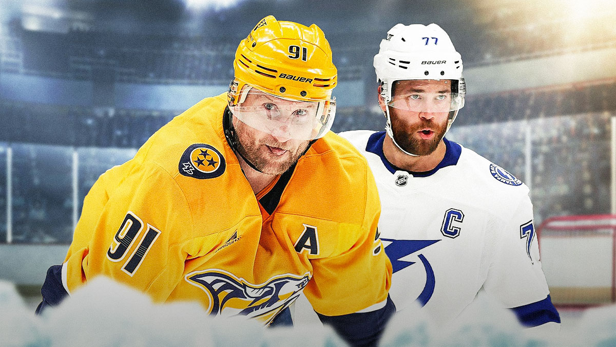 Steven Stamkos and Victor Hedman celebrating together on the left, Victor Hedman on the right wearing the captain's C