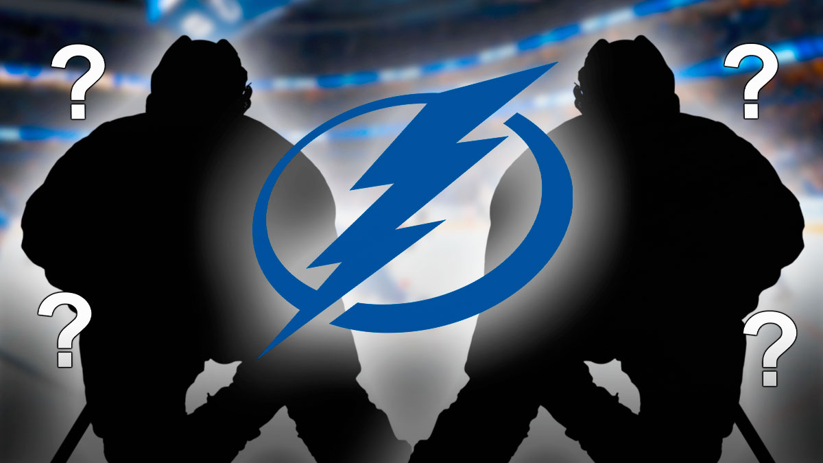 Tampa Bay Lightning logo in center, player silhouettes with question marks and big side eye emojis (👀) on left and right sides, Amalie Arena (home arena of the Tampa Bay Lightning) in background