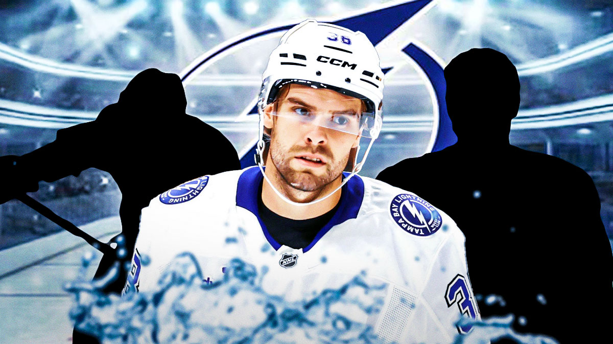 Brandon Hagel in middle, silhouette of Anthony Cirelli and Cam Atkinson on either side, Tampa Bay Lightning logo, hockey rink in background