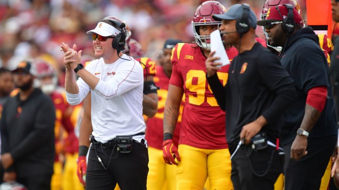 Southern California Trojans head coach Lincoln Riley watches game action against the Notre Dame Fighting Irish during the first half at the Los Angeles Memorial Coliseum.