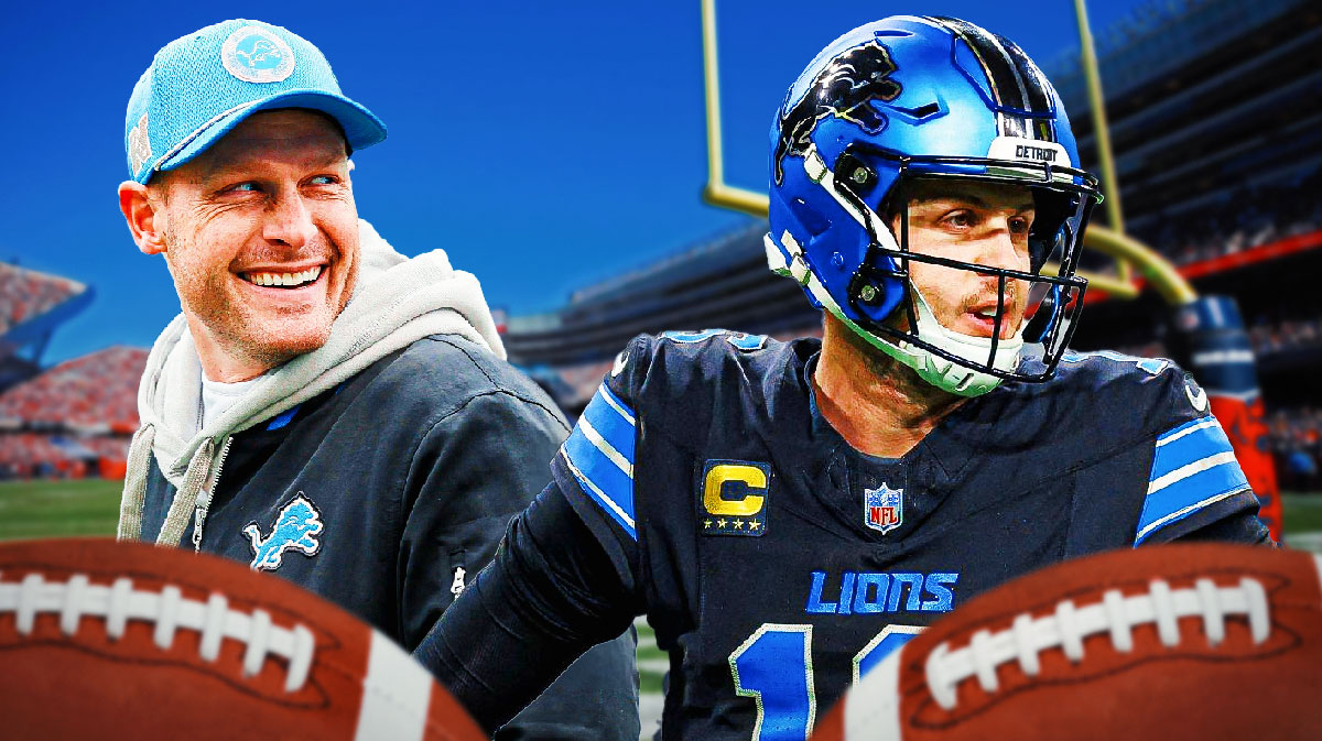 Lions OC Ben Johnson smiling at QB Jared Goff and TE Sam LaPorta. Background is Soldier Field.