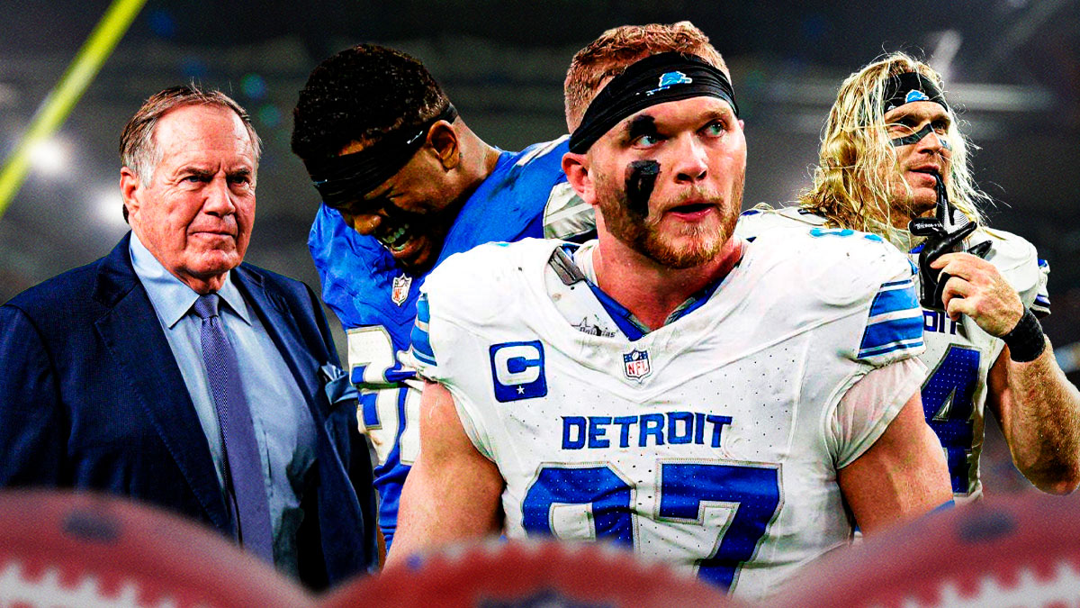 Bill Belichick with Aidan Hutchinson, Marcus Davenport and Alex Anzalone in Detroit Lions uniforms with red and white first aid symbol as Belichick points out the Lions many injuries.