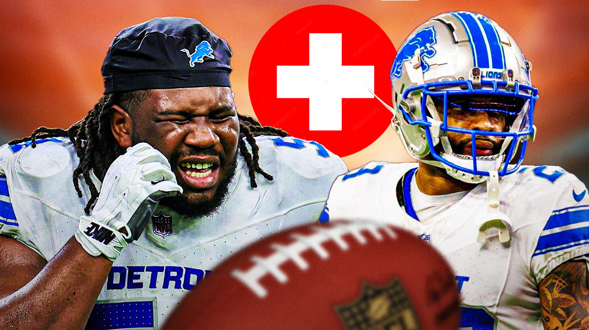 Lions Alim McNeill, and Carlton Davis with a medical red cross