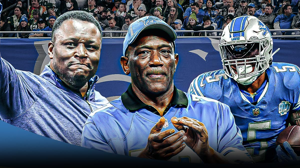 Detroit Lions RBs Billy Sims, Barry Sanders, and David Montgomery all standing in a row. The background is a football field.