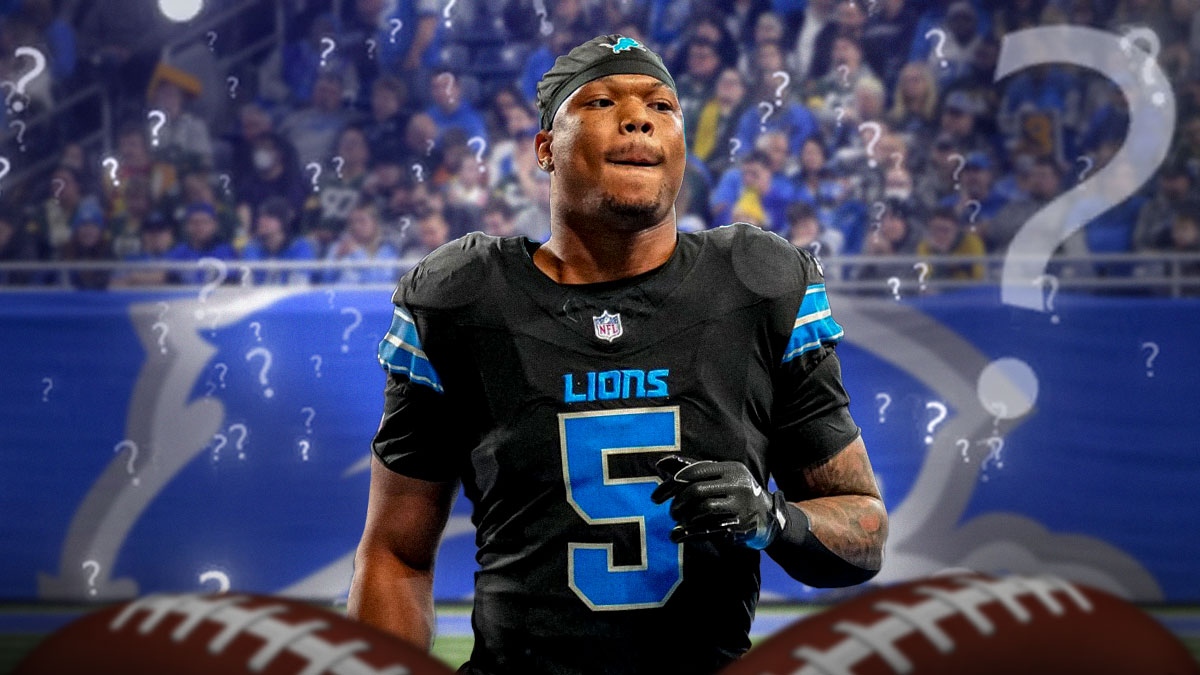 Lions RB David Montgomery, question marks all around him, Ford Field in back