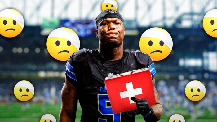 David Montgomery in action, injured emojis around him, medical kit beside him