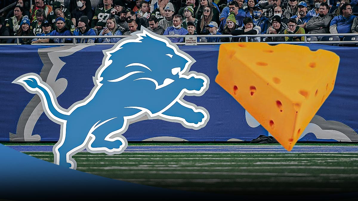 Lions, cheesehead, Ford Field in back